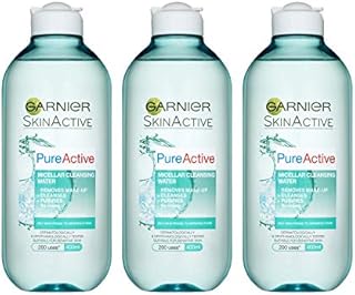 Garnier Pure Active Micellar Facial Cleansing Water for Combination, Oily and Sensitive Skin, Purifying Face and Eye Make-up Remover and Cleanser 400 ml Pack of 3