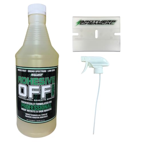 Brothers Chemical Adhesive-Off PRO Adhesive Remover for Vinyl Wraps and Graphics 32 oz with 3 x 4 Chemical Resistant Big Blade Scraper