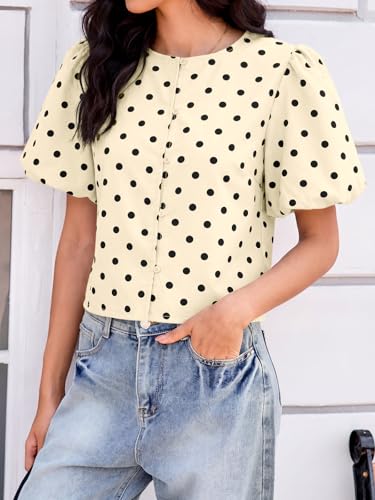 Image of Tankaneo Womens Cropped Tops Puff Sleeve Button Down Shirts Trendy Casual Loose Fit Cute Blouse