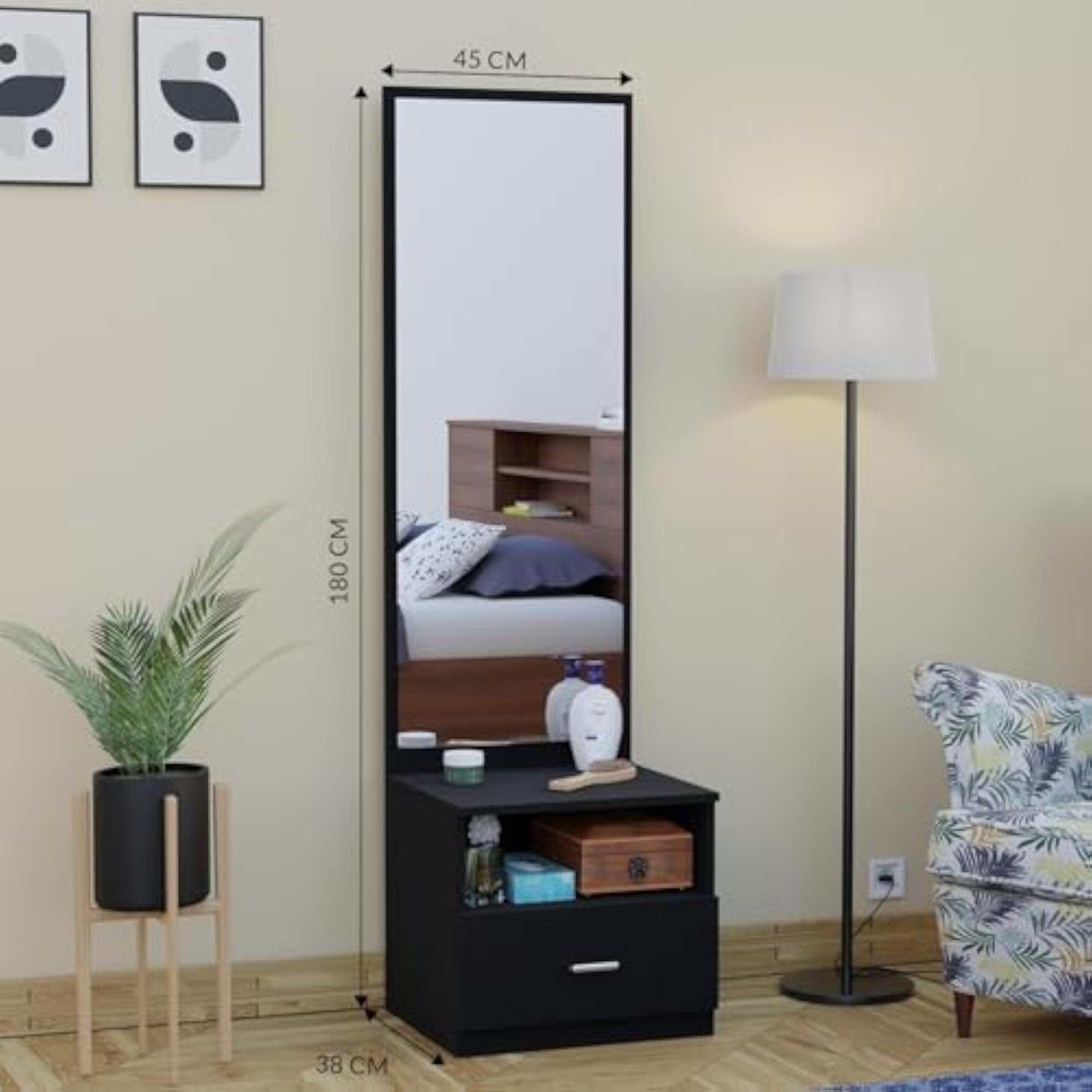 Wooden Dressing Table with Mirror, Classic Black