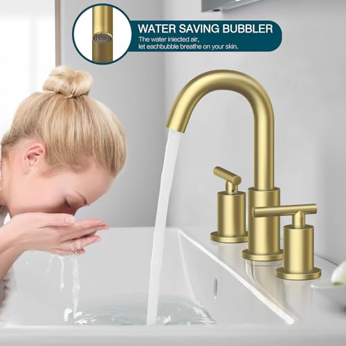 TRUSTMI 2 Handle 8 Inch Brass Bathroom Sink Faucet 3 Hole Widespread with Valve and cUPC Water Supply Hoses, with Overflow Pop Up Drain Assembly, Brushed Gold