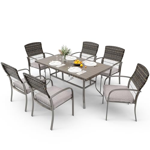 Pamapic 7-Piece Outdoor Dining Set, Grey Wicker Patio Furniture with Removable Cushions & Iron Slat Table, All-Weather Garden/Deck/Backyard Furniture Set (Grey)