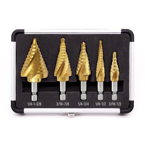 OSTTE 5PCS Step Drill Bit Set with Two Spiral Grooves, 50 Sizes (3/16" to 1-3/8") HSS Titanium Coated Step Bits for Metal, Aluminum, Wood & Plastic - with Aluminum Case for Electricians & DIY