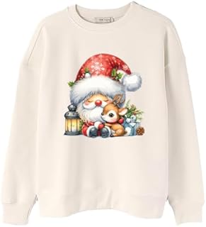 سويت شيرت عطلة الكريسماس بتصميم سانتا وحيوان الرنة، مزيج من القطن البيج، بلوفر بطباعة رسومات شتوية احتفالية (9-12 سنة)