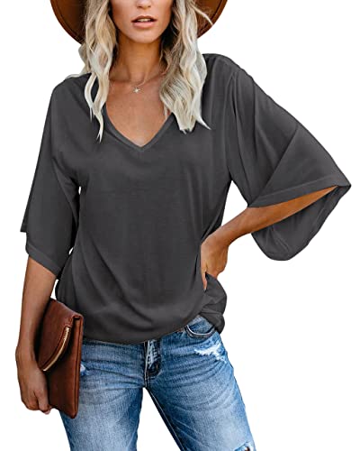 Cordat Women's Blouse Tops Loose V Neck 3/4 Bell Sleeve Comfy Cool Shirt Dark Grey #TOP1
