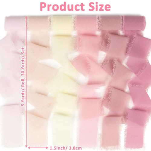 6 Rolls Ribbon, Chiffon Silky Ribbon 1.5'' x 5 Yd, 30 Yd Pink Car Ribbons Decoration, Handmade Fringe for Wedding Invitations, Bridal Bouquets, Gift Wrapping, Holiday Decoration, DIY Crafts