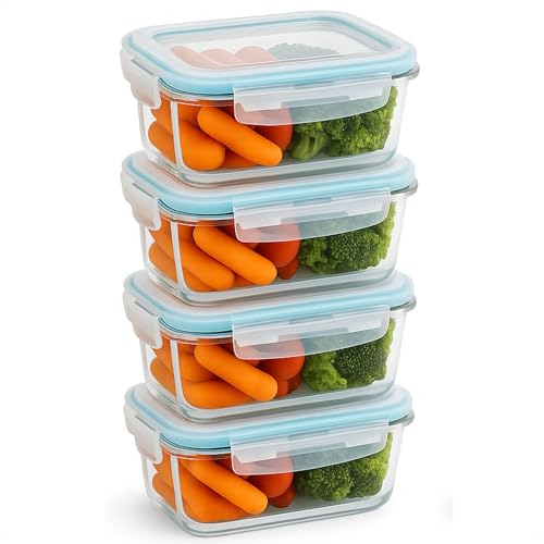 Kit 4 Potes de Vidro Retangulares Herméticos 370ml com Tampa de Silicone Vedação Antivazamento para Freezer e Micro-ondas