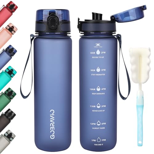 Gobravio Water Bottle 1L BPA Free Sports Drink Bottle Dishwasher Safe Canteen Bottle Leakproof Motivational Water Bottle with Time Markings (Deep Blue)