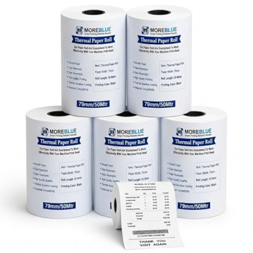 Image of MOREBLUE 3 Inch Thermal Printer Roll 79mm x 50 Meter | Thermal Receipt Paper Roll for POS Billing Machine | Cash Register Bill Printer Paper | BPA Free, High Print Clarity, Long Lasting 5 Roll