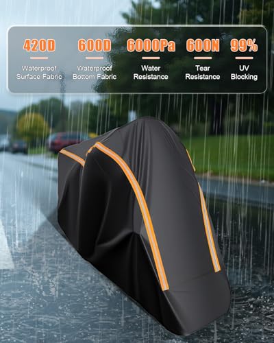 FJWDSC Full Enclosed Motorcycle Cover Waterproof Outdoor/Indoor Storage Waterproof Motorcycle Cover Heavy Duty with Reflective Strips Fits Motorcycles Length up to 86.5" Yamaha Honda Harley Suzuki — view 3