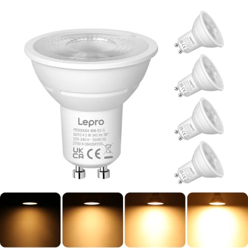 Lepro Bombilla LED GU10 Regulable 4.5W(Equivalente a 50W) 345lm 2700K 5PC | Blanca Cálida 2700K, Ángulo de Haz de 38°, Bajo Consumo, CRI＞80, Bombillas LED Sin Parpadeos para Iluminación de I