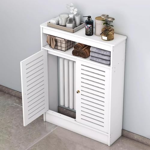 Cubierta para radiador blanca de madera y plástico con estante de suelo para baño