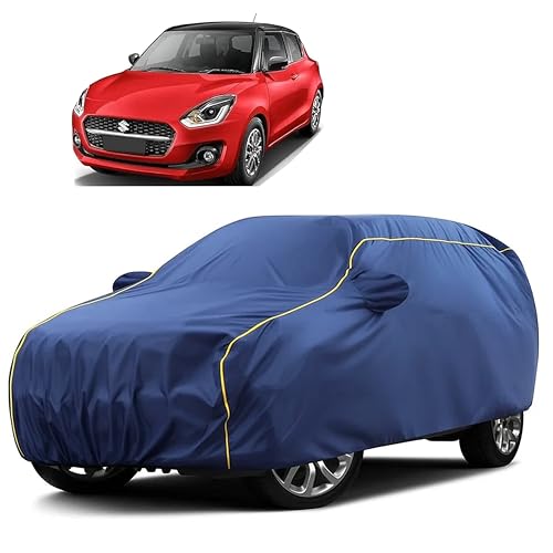 Image of Sulfar 100% Water Resistant Car Body Cover Compatible with Mirror for Maruti Suzuki New Swift (Triple Stitched, Full Bottom Elastic, Blue Taffeta with Yellow Piping)