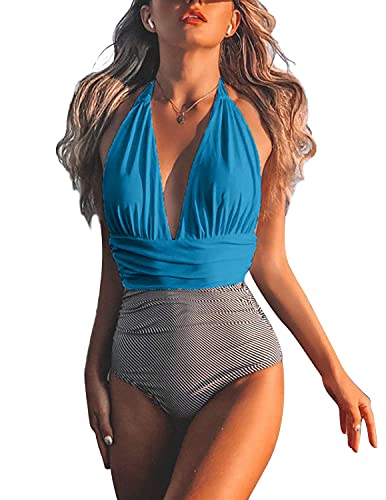 BUOYDM Maillot de Bain Femme 1 Pieces Sexy Bikini Vintage Swimwear Rétro Tankini Beachwear, Bleu L Cover