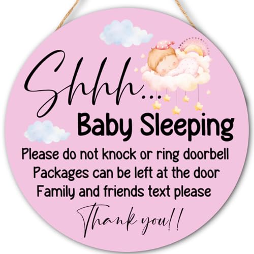 Baby Girl Sleeping Wood Hanging Sign for Front Door, Do Not Knock or Ring Doorbell House Welcome Sign