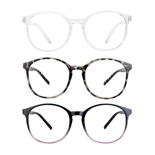 Image of Vintage Round Blue Light Blocking Glasses 3 Packs Anti Eyestrain UV Filter Computer Glasses Anti-Blue Light Glasses for Men Women Leopard+Transparent+Black Purple