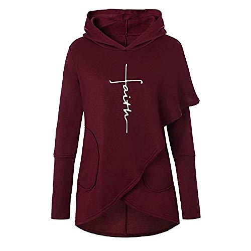 Women Faith Letter Printed Hoodie Sweatshirt Long Sleeve Casual Hoody pullover with Pocket (Wine Red, XL)