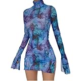 Women’s Floral Tie Dye Sheer Mesh Mini Dress Sexy Mock Neck Split Bodycon Flared Long Sleeve Beach Party Dress Purple