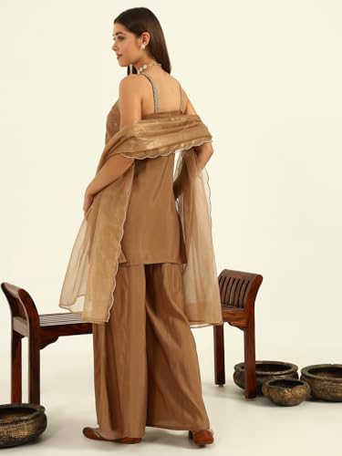 Image of FIORRA Women's Brown Viscose Chanderi Straight Kurta with Palazzo and Dupatta