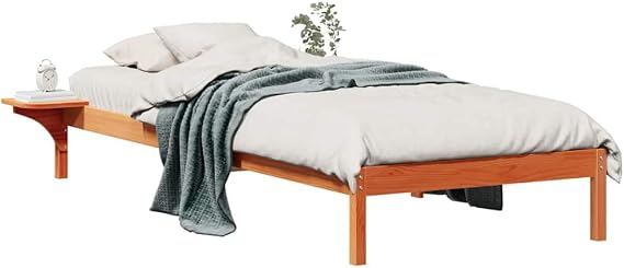 Wax Brown Single Bed Frame with Integrated Side Tables 215.5x140x32 cm Solid Pine Modern Minimalist Platform for Bedroom Study Loft