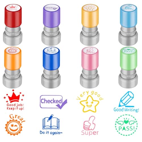 Sqaqs 8 Sellos De Recompensa Para Profesores, Sellos Fotosensibles Autoentintados Con Personajes De Dibujos Animados Personalizados, Regalo Para Estudiantes, Juego C