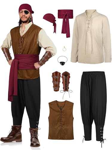 SOMSOC 8 Pieces Men's Halloween Renaissance Costume Set Pirate Shirt Viking Vest Medieval Pants Headscarf Belt