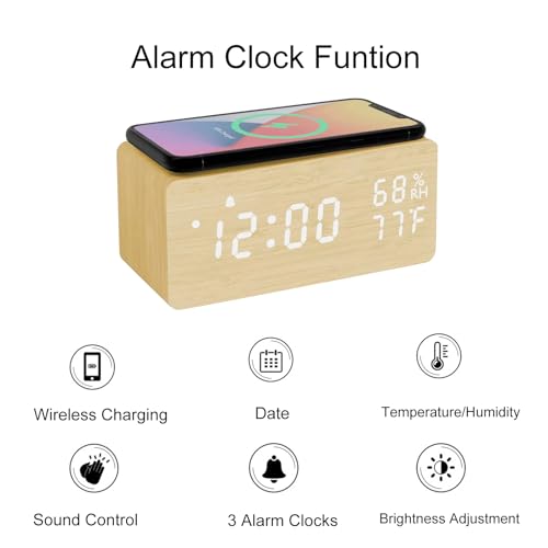 Lancoon Wooden Digital Alarm Clock with Sound Control LED Wireless Charging Temperature and Humidity Display Adjustable Brightness for Bedroom Home Office (Yellow) by Lancoon - Image 3