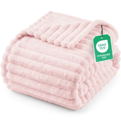 Image of Utopia Bedding Striped Fleece Queen Blanket For Sofa – Fluffy Cosy Warm Ribbed Blanket For Bed & Chair, Soft Lightweight Gift Throw (Pink, 228x228 cm)