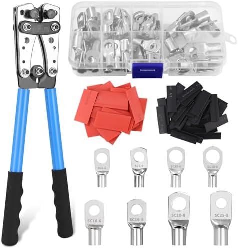 Crimpzange Kabelschuhe Set 122-tlg. - Für Kabel 6-50mm² Mit Kupferringklemmen & Schrumpfschläuchen