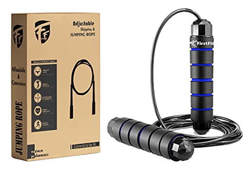 Image of FirstFit Polyvinyl Chloride Jump Rope Tangle-Free Rapid Speed Jumping Rope Cable with Ball Bearings for Women, Men, and Kids, Adjustable Steel Skipping Rope with Foam Handles - Black & Blue