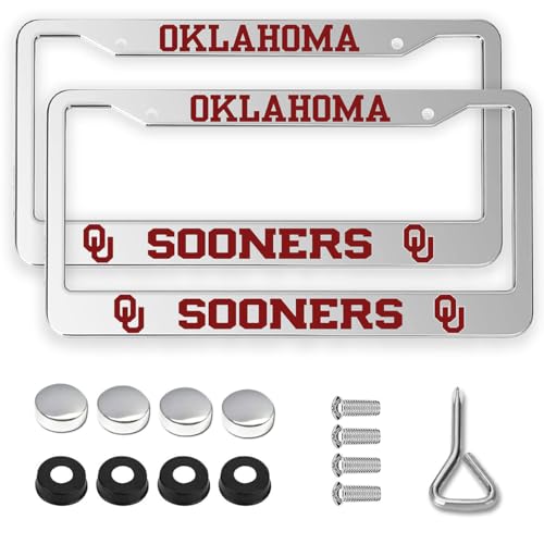 2 Packs for Oklahoma Sooners License Plate Frames,2 Holes Silver License Plate Holder for OU,Universal Aluminum Tag Frame for License Plate for Front and Rear Car Tags
