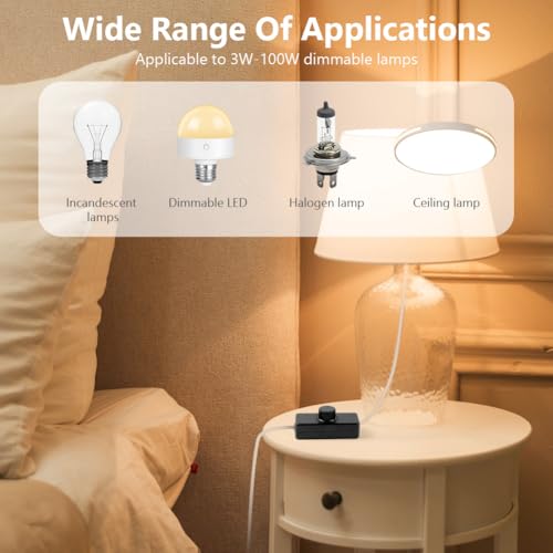 AXFEE LED-Dimmschalter, 1-Gang, 220 V-240 V, Phasenabschnitte, drehbarer Ein-/Aus-Inline-Dimmschalter, geeignet für Zuhause, 3–100 W, dimmbare LED, Halogenlampen, Decke, Glühlampe (schwarz)
