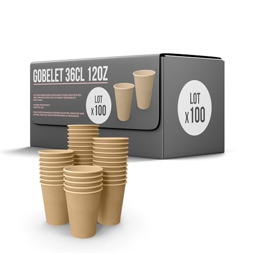 SPARKLERS CLUB Lot de 100 Gobelets 36cl /12oz Jetables en Carton Kraft 100% Biodégradable - Gobelet à café en papier 360ml Thé et les Boissons Rafraîchissantes. Gobelets Boissons chaudes et froides