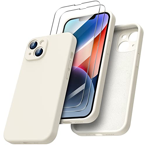 ORNARTO Coque pour iPhone 14, Coque en Silicone (pour iPhone 14)(6,1") avec 2 Verres Trempés, iPhone 14 Case Protection Complète 360 Degré, Housse iPhone 14 Antichoc - Beige