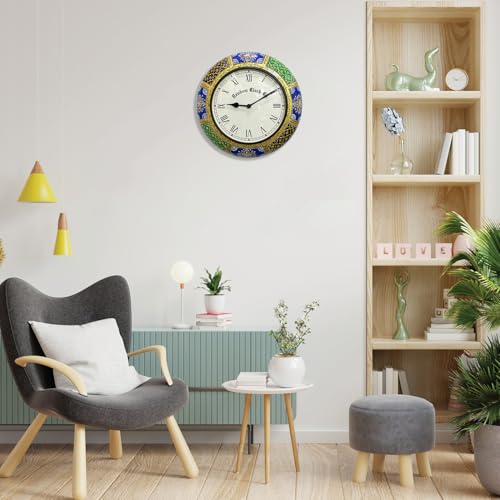 Image of RANDOM Brass Sweep Silent Wall Clock, Embossed Design, Round, 30x30 cm, Multicolour for Home Office (Rajasthani Embossed Design)
