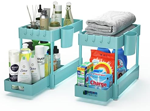 Under Sink Organizers and Storage 2 Pack, ZOMILB Bathroom Organizer 2-Tier Sliding Kitchen Cabinet Organization with Hook, Hanging Cup, Multi-purpose Under Sink Shelf Organizer for Home Storage, Blue