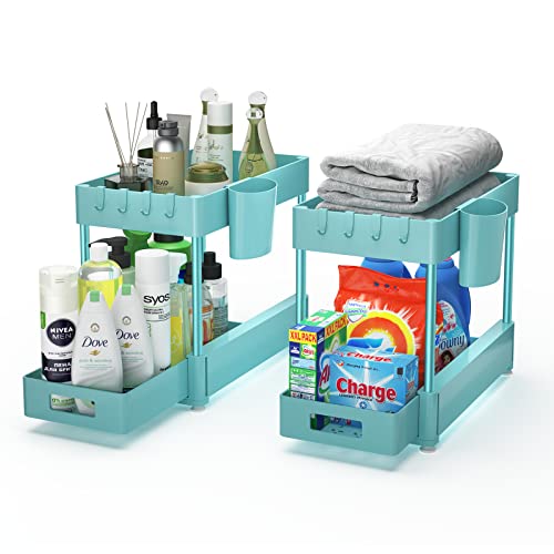 Under Sink Organizers And Storage 2 Pack, Zomilb Bathroom Organizer 2-Tier Sliding Kitchen Cabinet Organization With Hook, Hanging Cup, Multi-Purpose Under Sink Shelf Organizer For Home Storage, Blue #TOP23