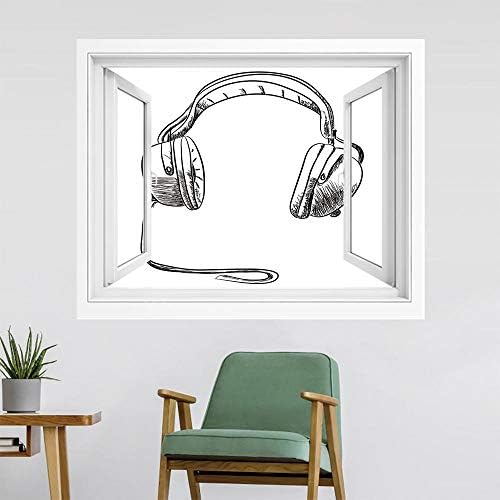 Amazon 音楽 風景ステッカー オープンウィンドウ 1x80 Cm スケッチスタイル手描きdjヘッドフォンリズムラジオ現代ヒッピーアートイラスト おしゃれ ウォールステッカー 多用途なシール ブラックホワイト ウォールステッカー オンライン通販
