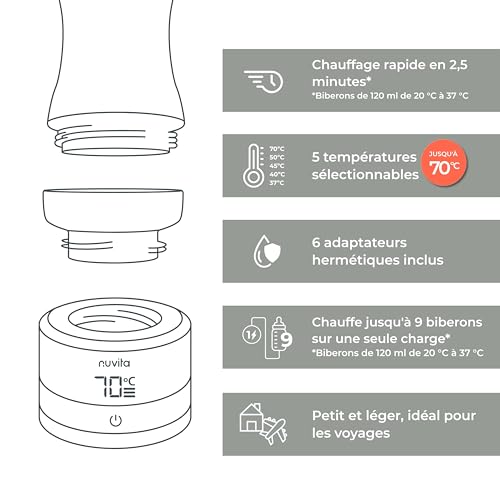 Nuvita 1166 Warm70 Wireless Bottle Warmer 70°C - USB Rechargeable, Universally Compatible with 6 Adapters, 5 Temperature Settings up to 70°C, Fast Heating in 2.5 Minutes, Keeps Warm up to 6 Hours - 4