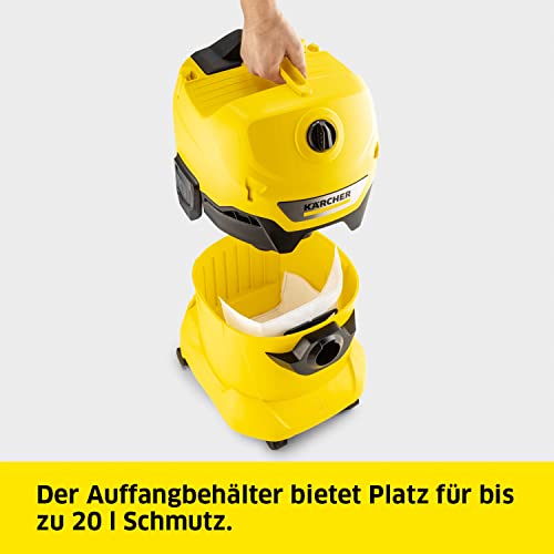 Kaercher-Nass-Trockensauger-WD-4-V-20522-Leistung-1000-W-Kunststoffbehaelter-20-l-Saugschlauch-22-m-inkl-Flachfaltenfilter-Vliesfilterbeutel-Boden-und-Fugenduese-Schwarz-Gelb