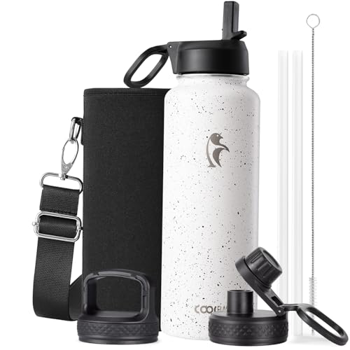 Image of Coolflask 40 oz Water Bottle Insulated with Straw & 3 Leakproof Lids