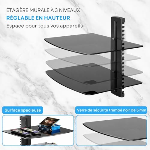 Étagère murale multimédia pour support TV suspendu avec console verre réglable - 2