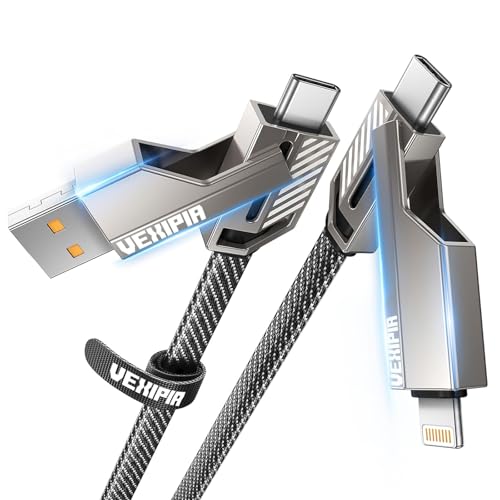 [Upgraded] 4-in-1 USB C Cable 60W 5FT Lightning Cable Fast Charging Flat Nylon Braided for iPhone iPad Charger Cord [480Mbps Data Sync] Multi Charge Wire Combo with Lightning/Type C/USB A Port by Vexipia - Image 2
