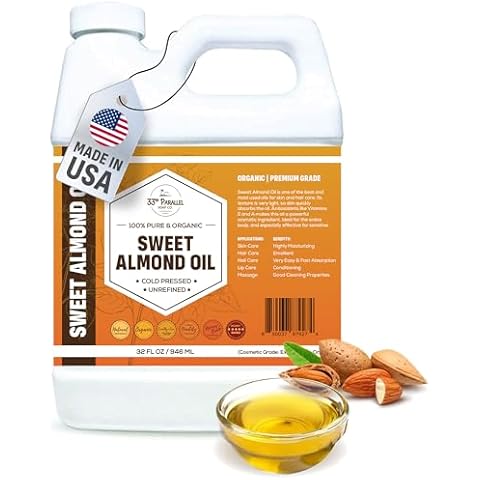 ORGANIC SWEET ALMOND OIL (32 oz) Premium Cold Pressed Unrefined | 100% Pure Sweet Almond Oil for Skin, Face, Hair, Soap Making | Carrier for Essential Oils | Available in Bulk | 32 FL OZ Cover
