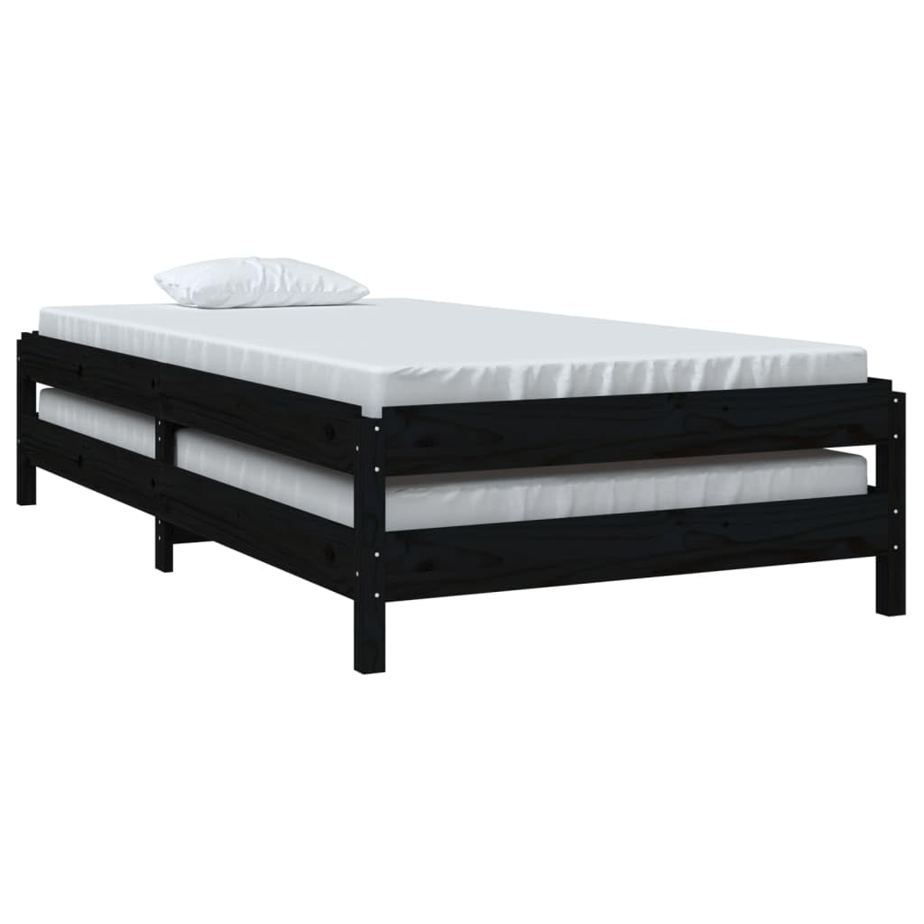 Stapelbett 90x200 cm Schwarz Massivholz Kiefer Gestell für Gäste- & Jugendzimmer, stapelbarer Bettrahmen mit Lattenrost, platzsparendes Einzelbett für Schlafzimmer & Wohnheim