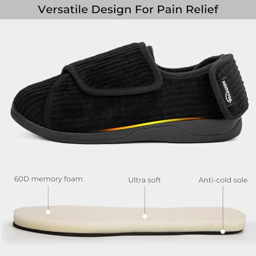 Hometop Women'S Corduroy Slippers Comfy Adjustable Hook And Loop Memory Foam Indoor Closed-Back House Shoes For Diabetic Swollen Feet Matt Black thumb #2