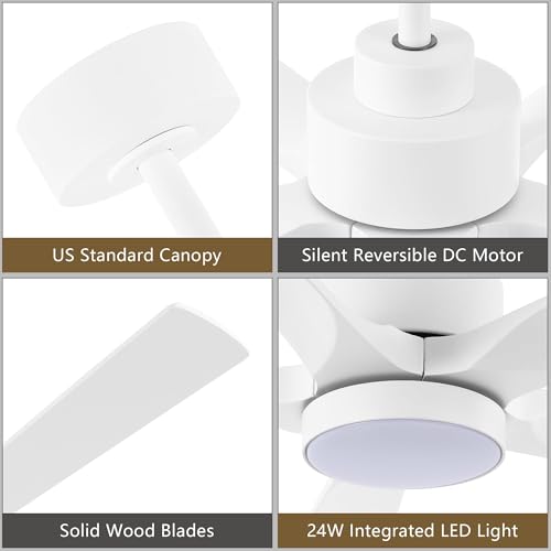 ELEHINSER 60" Modern Ceiling Fan with Lights and Remote Control, 5 Solid Wood Blades 6-Speed Noiseless Reversible DC Motor, Ceiling Fan for Bedroom Dinning Living Room, White by ELEHINSER - Used condition - Image 5
