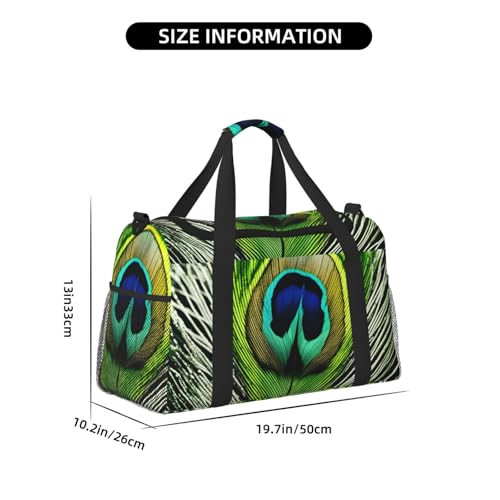 Green Peacock Feather Print Stylish Foldable Carry On Tote with Waterproof Zipper for Weekend Getaways Bag4