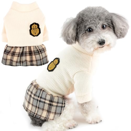 Zunea Winter Knitted Dog Dresses for Small Dogs Girl Student Style Puppy Princess Dress Cold Weather Plaid Sweater Skirt Soft Warm Female Pet Jumper Outfits Chihuahua Doggie Clothes Cream M