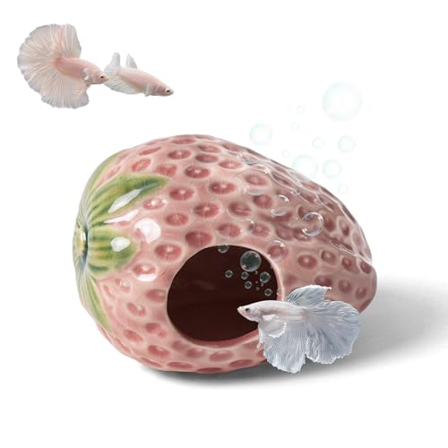 Deapeey Aquarium Decor Cave Betta Fish Aquarium Accessories Ornaments Hiding Cave Strawberry House Hideout for Shrimp Cichlid Hermit Crab, Octopus Hiding Breeding for Tank (Pink)